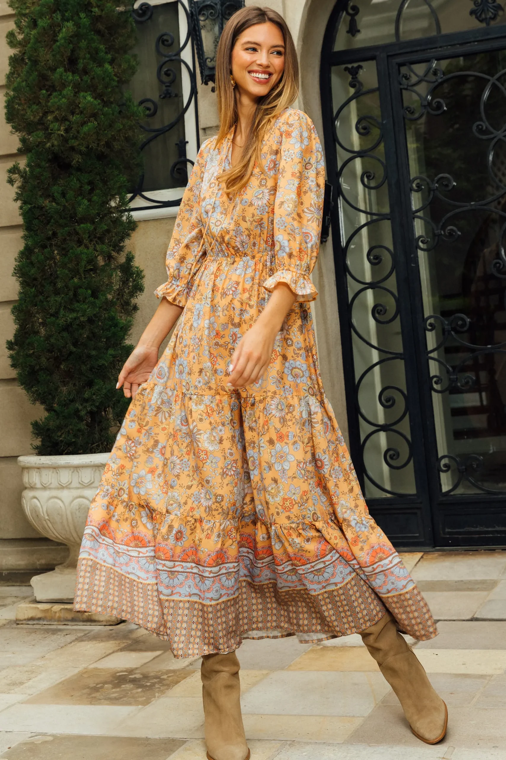 SKIES ARE BLUE Maxi Dresses*Retro Floral Motif Maxi Dress Mustard
