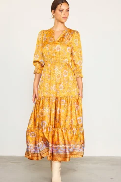 SKIES ARE BLUE Maxi Dresses*Retro Floral Motif Maxi Dress Mustard