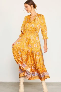 SKIES ARE BLUE Maxi Dresses*Retro Floral Motif Maxi Dress Mustard