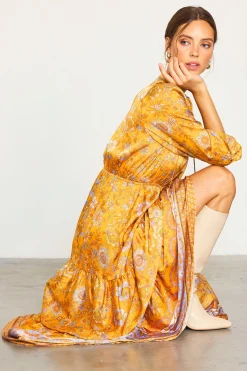 SKIES ARE BLUE Maxi Dresses*Retro Floral Motif Maxi Dress Mustard