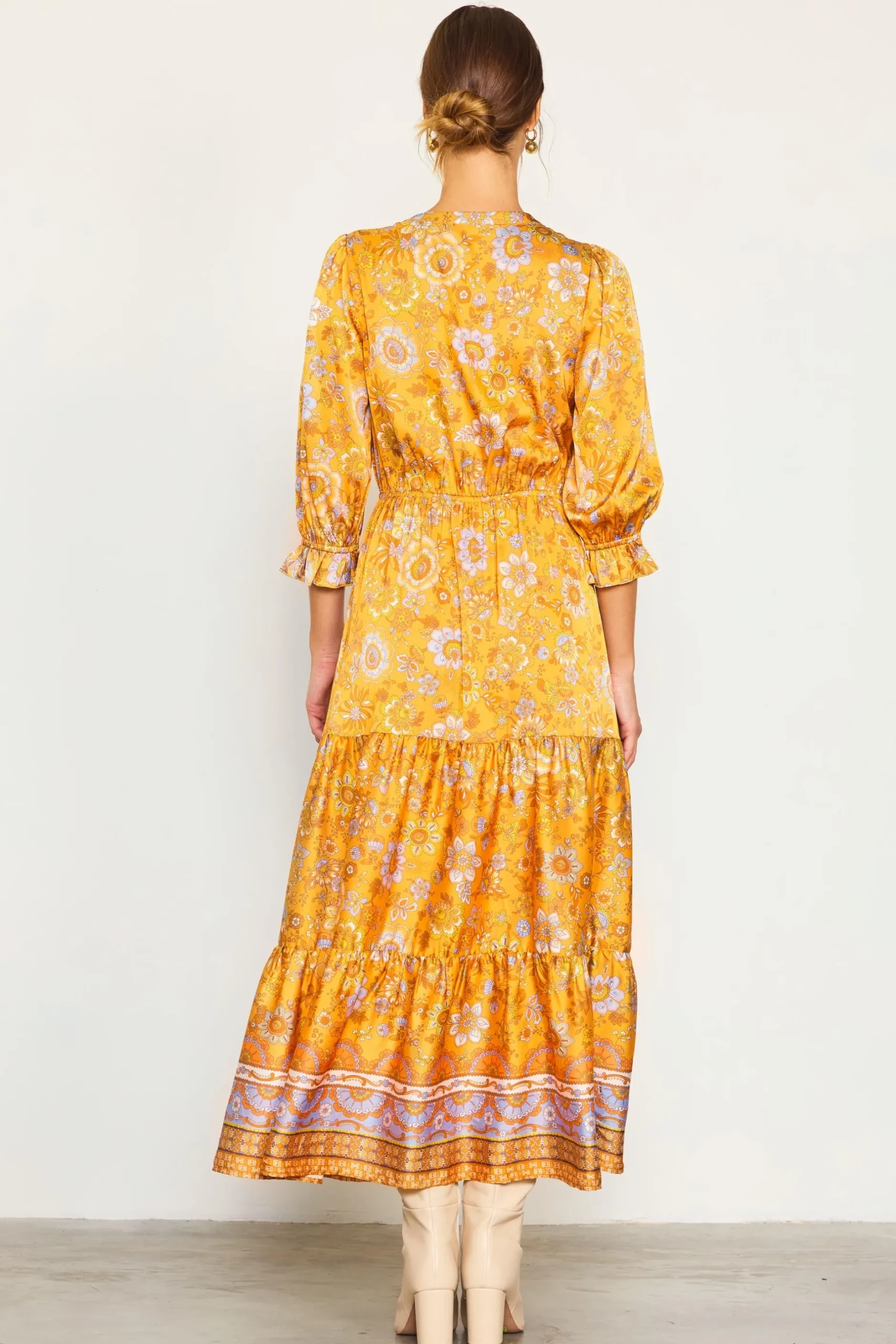 SKIES ARE BLUE Maxi Dresses*Retro Floral Motif Maxi Dress Mustard