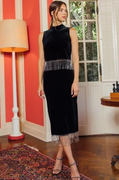 SKIES ARE BLUE Skirts*Rhinestone Fringe High Waisted Skirt Black