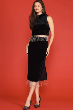SKIES ARE BLUE Skirts*Rhinestone Fringe High Waisted Skirt Black