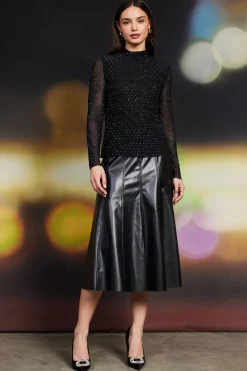 SKIES ARE BLUE Long Sleeve Tops*Rhinestone Mesh Mock Neck Top Black
