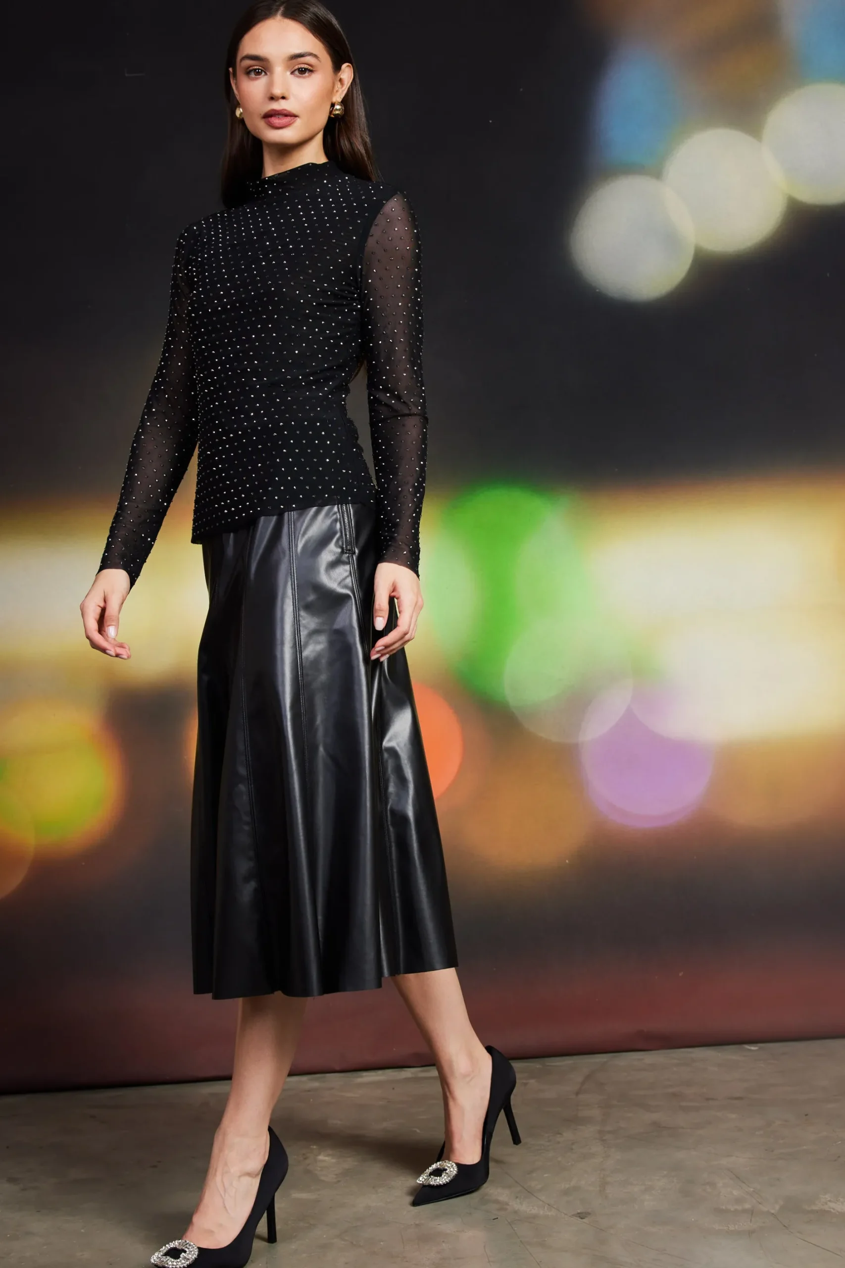 SKIES ARE BLUE Long Sleeve Tops*Rhinestone Mesh Mock Neck Top Black