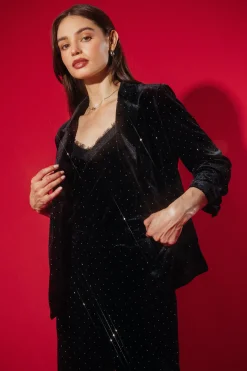 SKIES ARE BLUE Blazers*Rhinestone Ruched Velvet Blazer Black