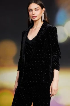 SKIES ARE BLUE Blazers*Rhinestone Ruched Velvet Blazer Black