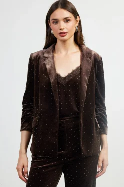 SKIES ARE BLUE Blazers*Rhinestone Ruched Velvet Blazer Brown
