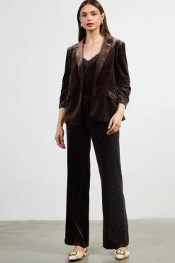 SKIES ARE BLUE Blazers*Rhinestone Ruched Velvet Blazer Brown