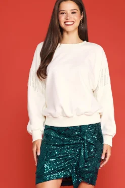 SKIES ARE BLUE Long Sleeve Tops|Sweaters*Rhinestone Sleeve Trim Sweatshirt Cream