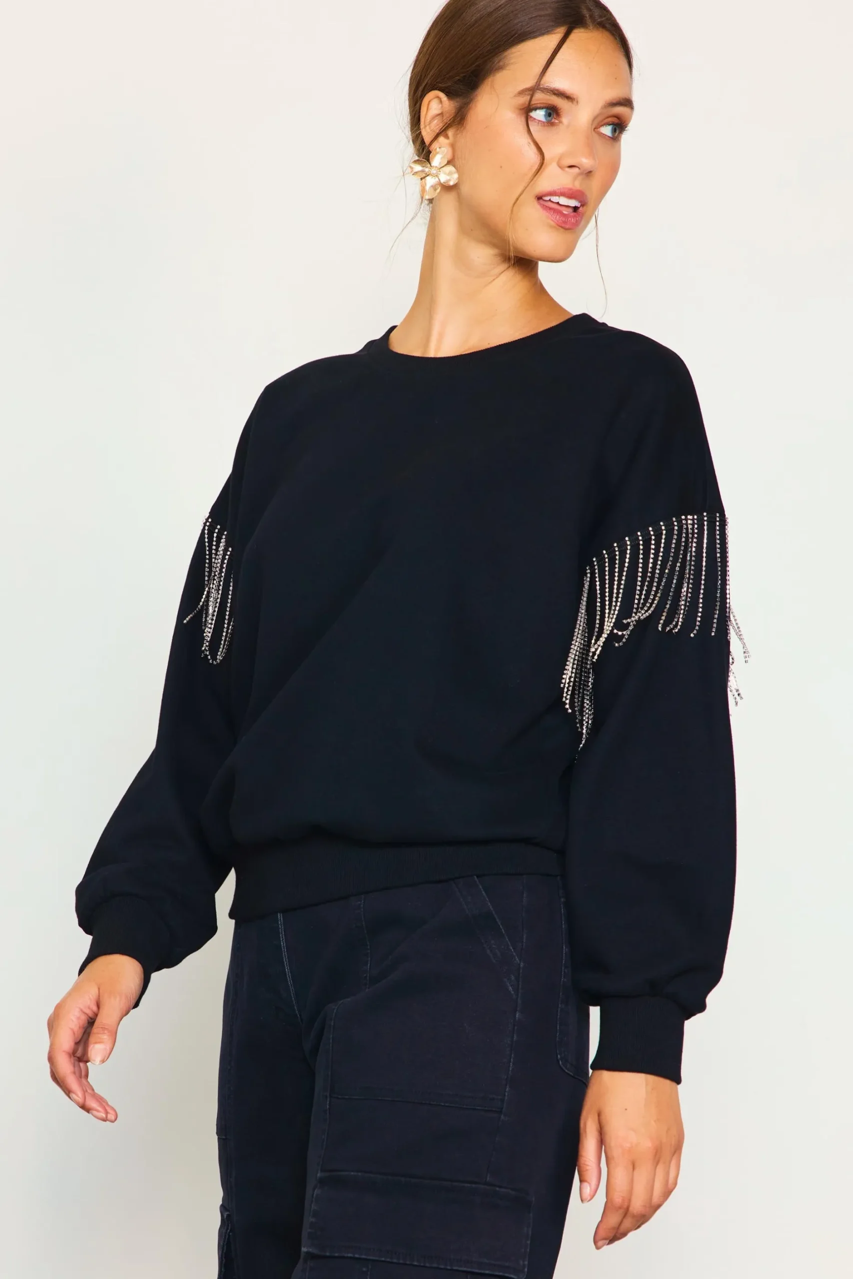 SKIES ARE BLUE Sweaters*Rhinestone Sleeve Trim Sweatshirt Black