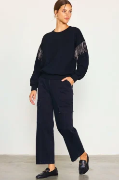 SKIES ARE BLUE Sweaters*Rhinestone Sleeve Trim Sweatshirt Black