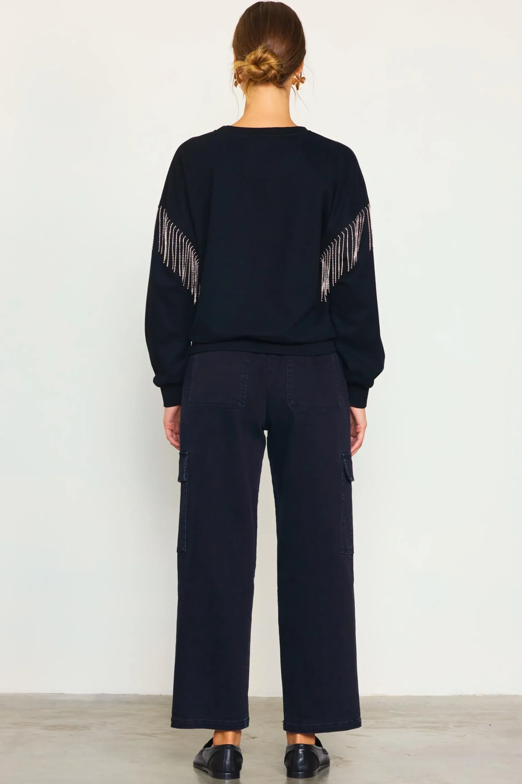 SKIES ARE BLUE Sweaters*Rhinestone Sleeve Trim Sweatshirt Black