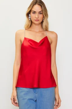 SKIES ARE BLUE Sleeveless Tops*Rhinestone Straps Cowl Halter Cami Radiantred
