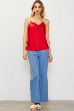 SKIES ARE BLUE Sleeveless Tops*Rhinestone Straps Cowl Halter Cami Radiantred