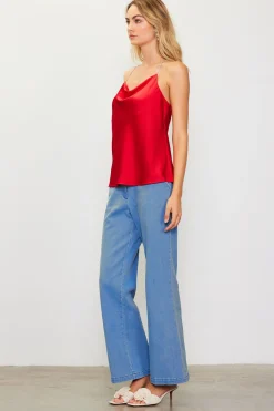 SKIES ARE BLUE Sleeveless Tops*Rhinestone Straps Cowl Halter Cami Radiantred