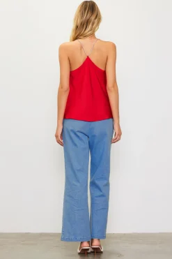 SKIES ARE BLUE Sleeveless Tops*Rhinestone Straps Cowl Halter Cami Radiantred