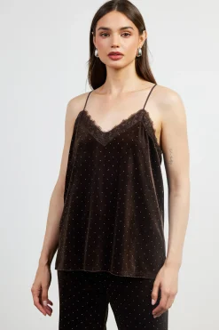 SKIES ARE BLUE Sleeveless Tops*Rhinestone Velvet Cami Brown