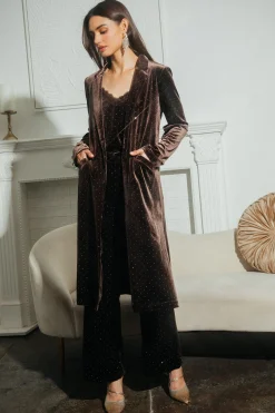 SKIES ARE BLUE Outerwear*Rhinestone Velvet Duster Brown