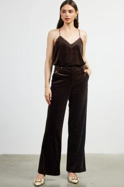SKIES ARE BLUE Pants*Rhinestone Velvet Flared Pants Brown