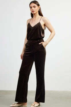 SKIES ARE BLUE Pants*Rhinestone Velvet Flared Pants Brown