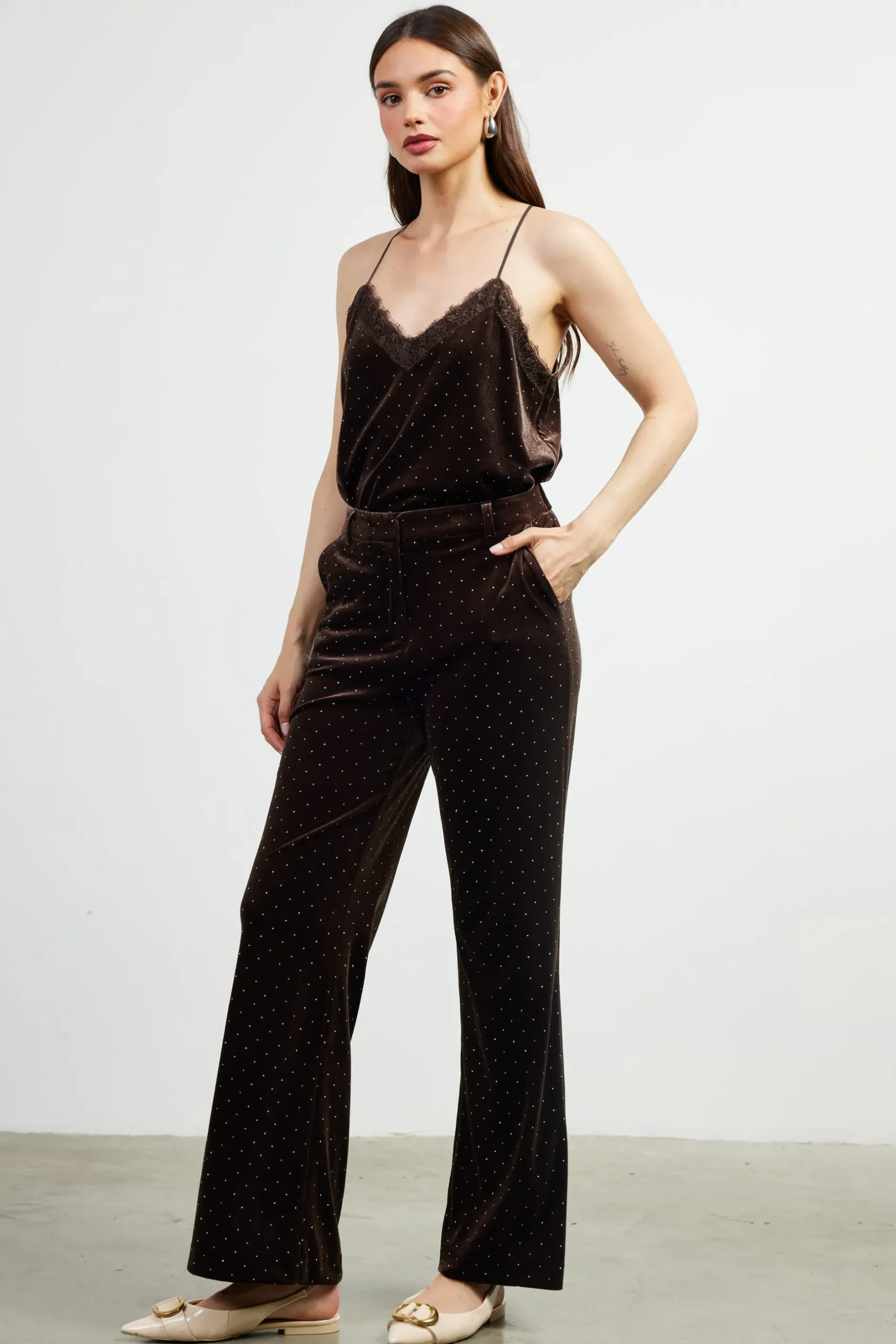 SKIES ARE BLUE Pants*Rhinestone Velvet Flared Pants Brown