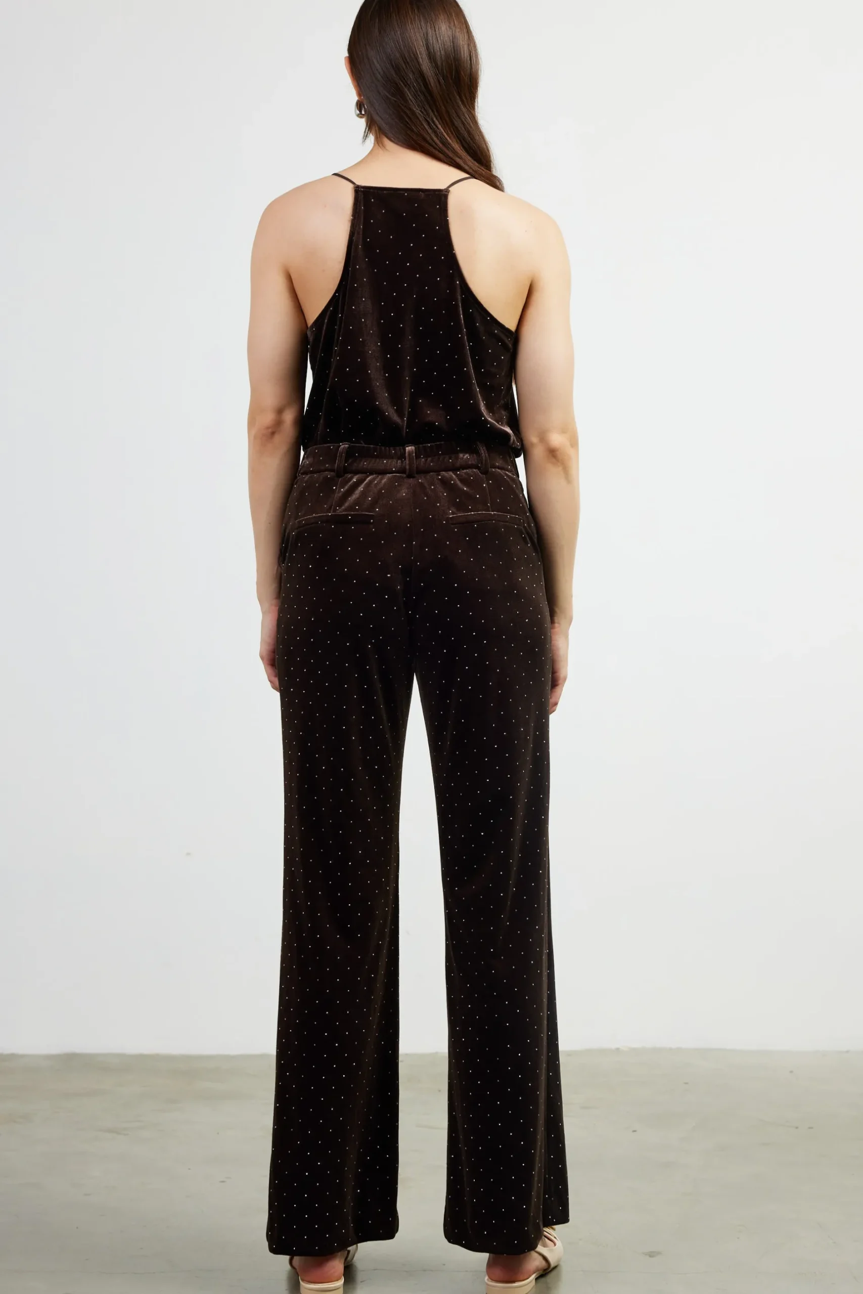 SKIES ARE BLUE Pants*Rhinestone Velvet Flared Pants Brown