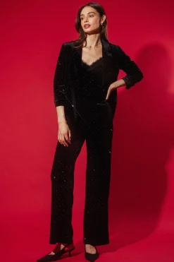 SKIES ARE BLUE Pants*Rhinestone Velvet Flared Pants Black