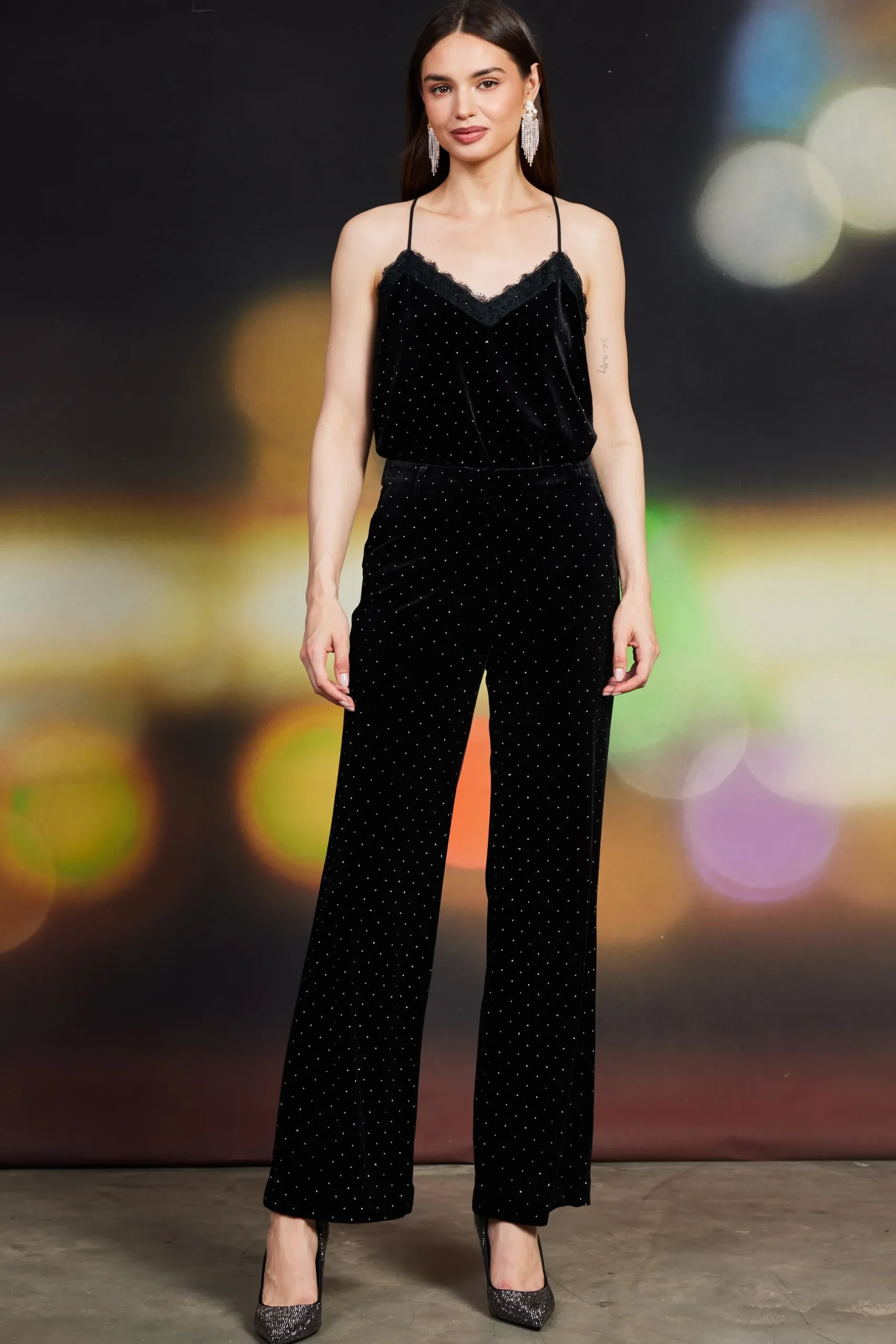 SKIES ARE BLUE Pants*Rhinestone Velvet Flared Pants Black