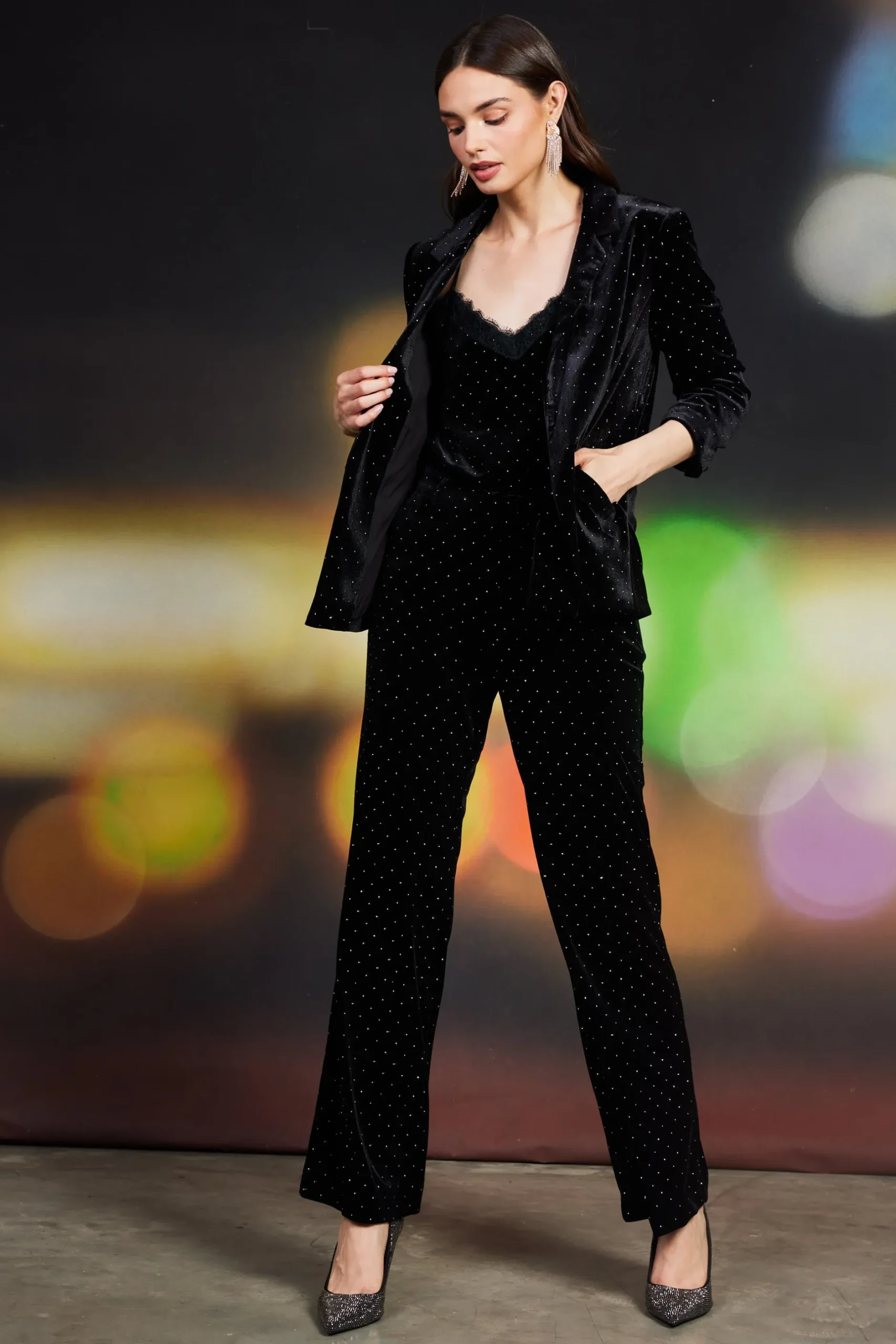 SKIES ARE BLUE Pants*Rhinestone Velvet Flared Pants Black