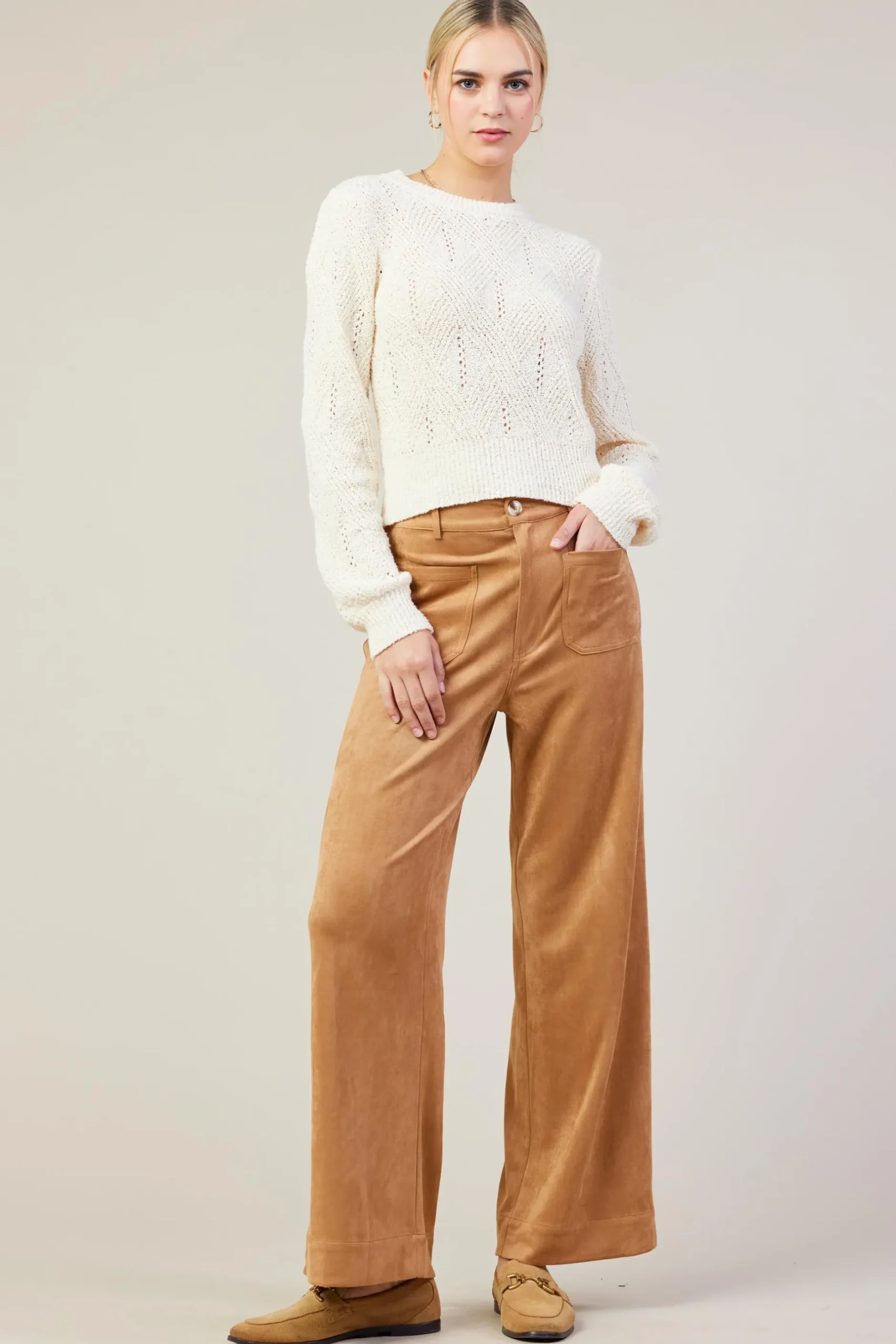 SKIES ARE BLUE Sweaters*Rhomboid Pattern Crew Neck Sweater Cream