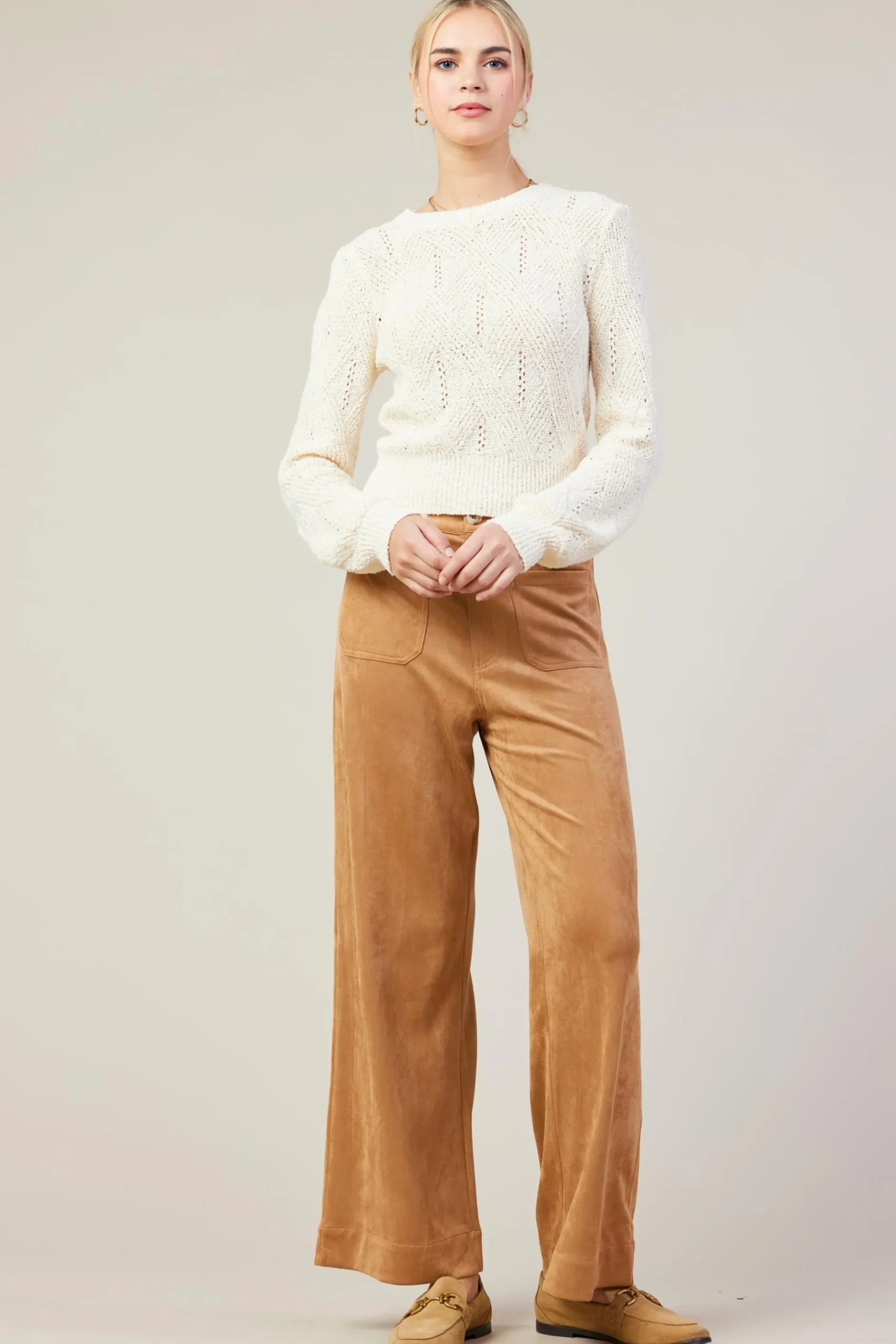 SKIES ARE BLUE Sweaters*Rhomboid Pattern Crew Neck Sweater Cream