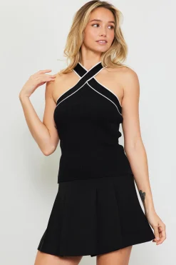 SKIES ARE BLUE Sleeveless Tops*Ribbed Knit Cross Neck Sleeveless Top Black