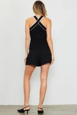 SKIES ARE BLUE Sleeveless Tops*Ribbed Knit Cross Neck Sleeveless Top Black