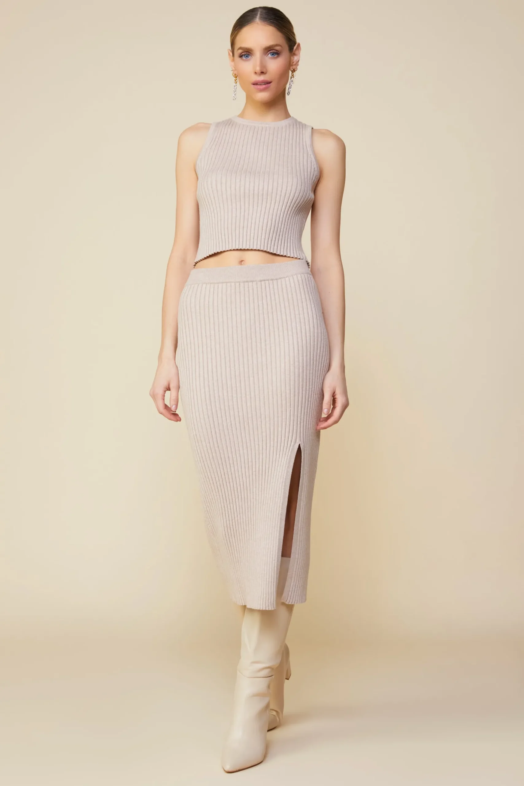SKIES ARE BLUE Skirts*Ribbed Knit Side Slit Skirt Taupe