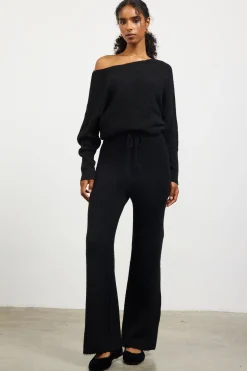 SKIES ARE BLUE Pants*Ribbed Knit Wide Leg Pants Black