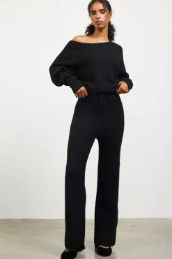 SKIES ARE BLUE Pants*Ribbed Knit Wide Leg Pants Black