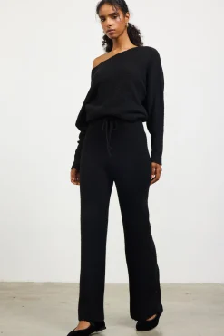 SKIES ARE BLUE Pants*Ribbed Knit Wide Leg Pants Black