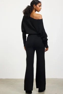 SKIES ARE BLUE Pants*Ribbed Knit Wide Leg Pants Black