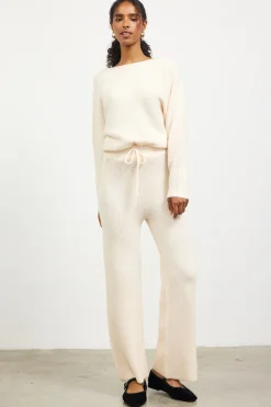 SKIES ARE BLUE Pants*Ribbed Knit Wide Leg Pants Cream
