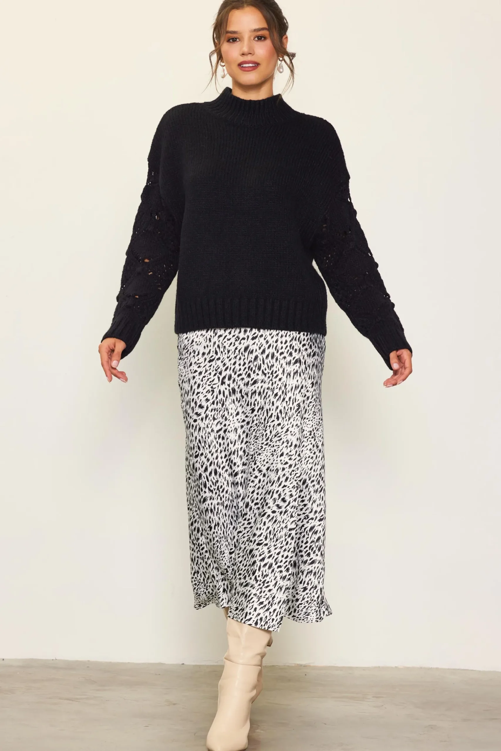 SKIES ARE BLUE Sweaters*Ribbed Mock Neck Sweater Black