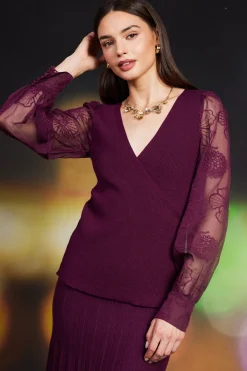 SKIES ARE BLUE Sweaters*Rowan Sweater Floral Embroidery Sleeves Plum