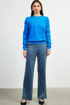 SKIES ARE BLUE Long Sleeve Tops|Sweaters*Ruched Sleeves Crewneck Sweatshirt Cobalt