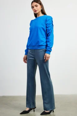 SKIES ARE BLUE Long Sleeve Tops|Sweaters*Ruched Sleeves Crewneck Sweatshirt Cobalt