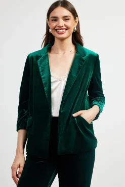 SKIES ARE BLUE Blazers*Ruched Velvet Blazer Huntergreen