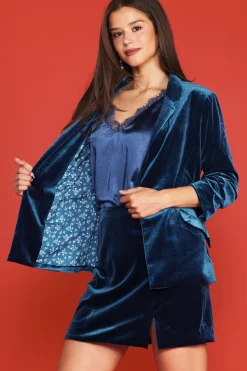 SKIES ARE BLUE Blazers*Ruched Velvet Blazer Teal