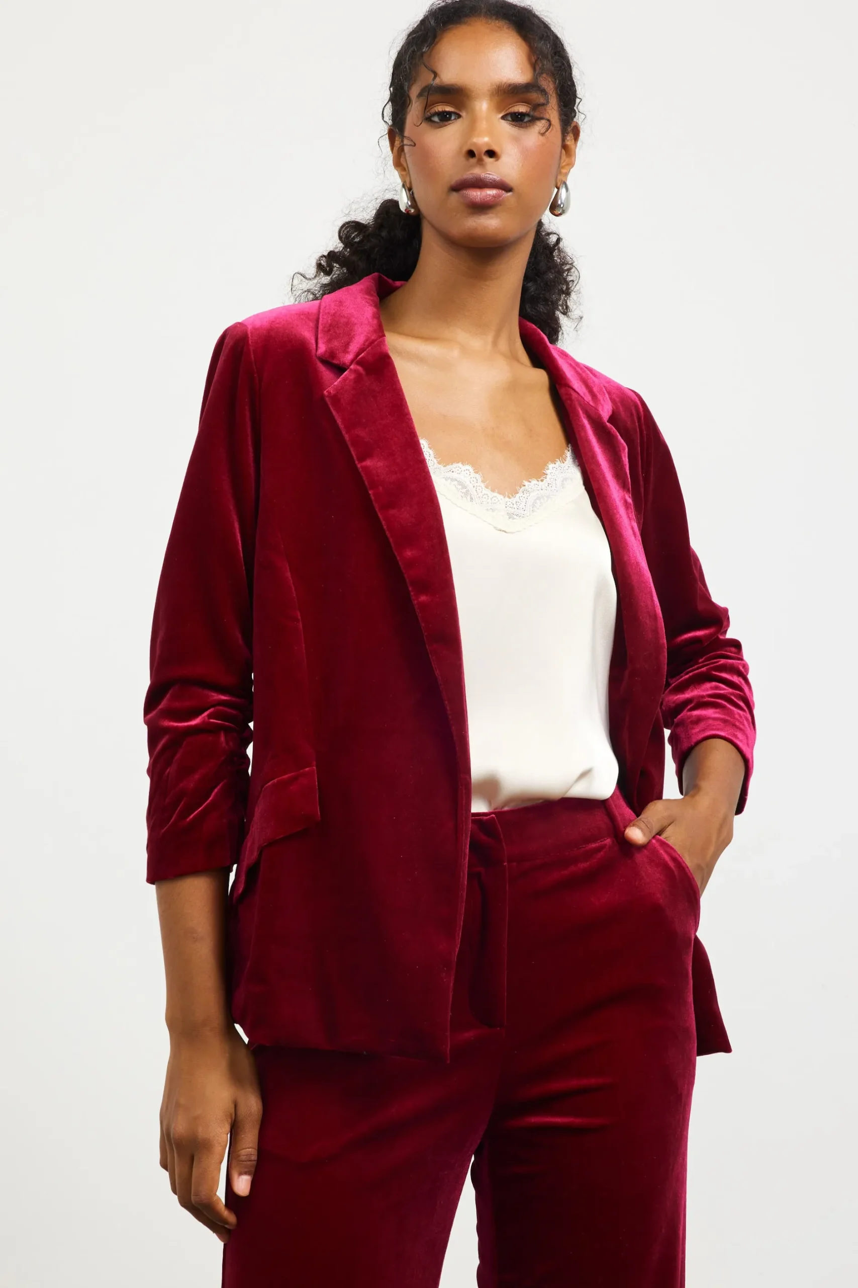SKIES ARE BLUE Blazers*Ruched Velvet Blazer Deepcherry