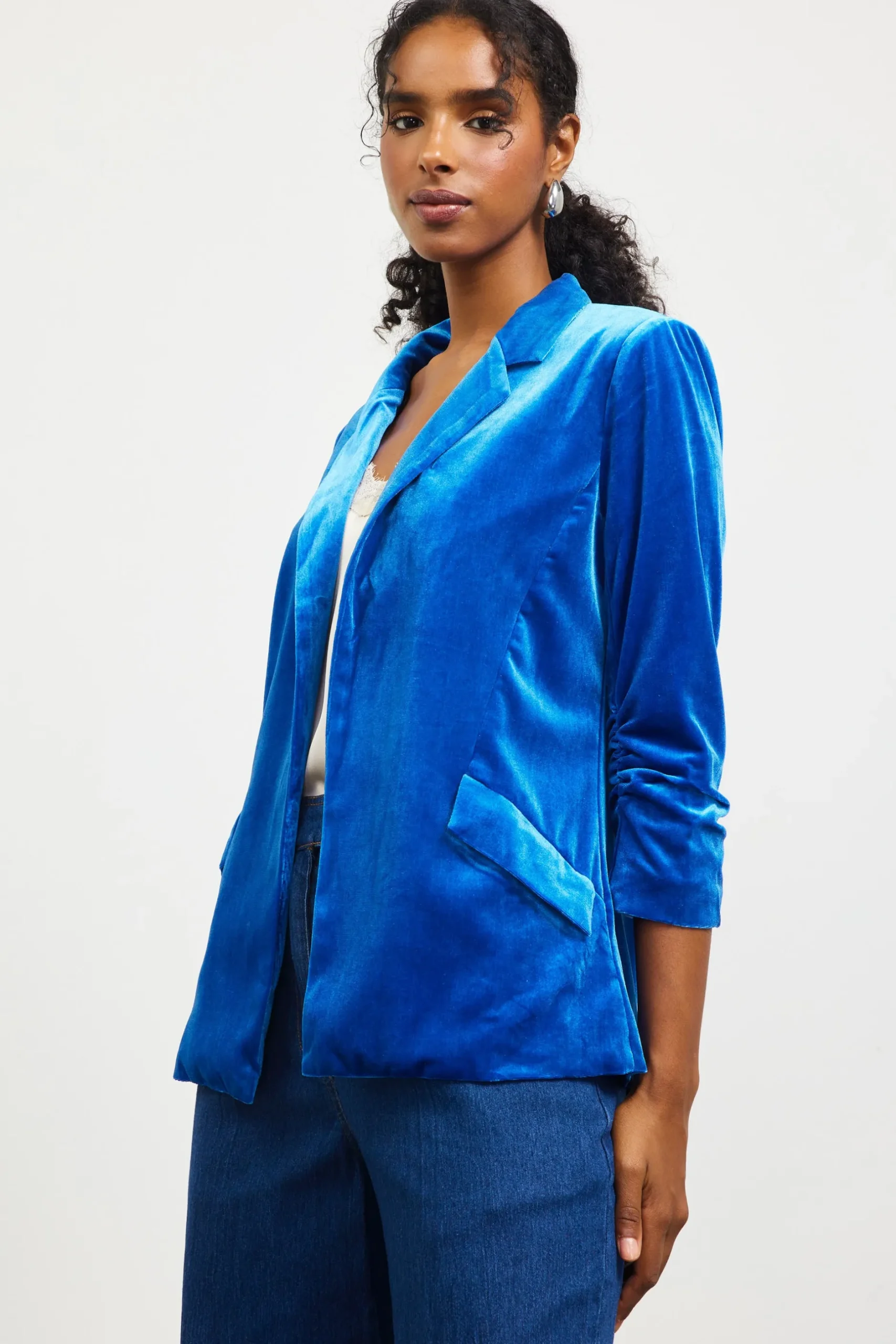SKIES ARE BLUE Blazers*Ruched Velvet Blazer Oceanblue
