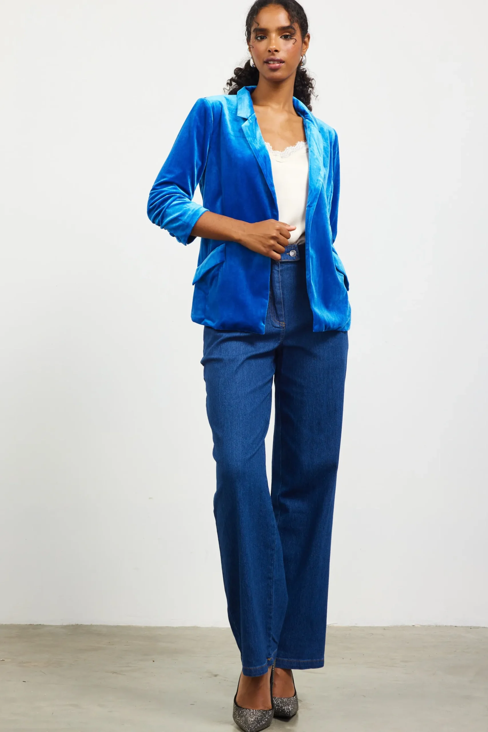 SKIES ARE BLUE Blazers*Ruched Velvet Blazer Oceanblue