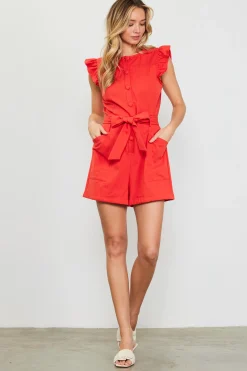 SKIES ARE BLUE Jumpsuits*Ruffle Cap Sleeves Romper Poppyred